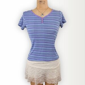 90s Womens S Striped Henley Baby Tee Fitted Top Minimalist Retro Casual Vintage